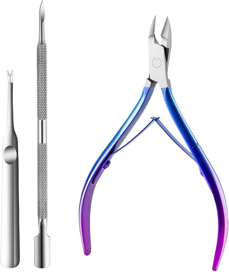 cmetta Cuticle Nipper, Polished Coated Durable Trimmer with Pusher, Nail Clipper with Fine Edge, Comfort Grip Cuticle Cutter and Remover Tool Kit for Nail Care (Blue+Pushers 1-SET) - Image 1
